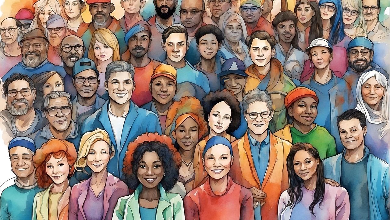 Symbolbild Vielfalt: große Gruppe bunter Comic- Menschen, Link zur Seite "Migration"