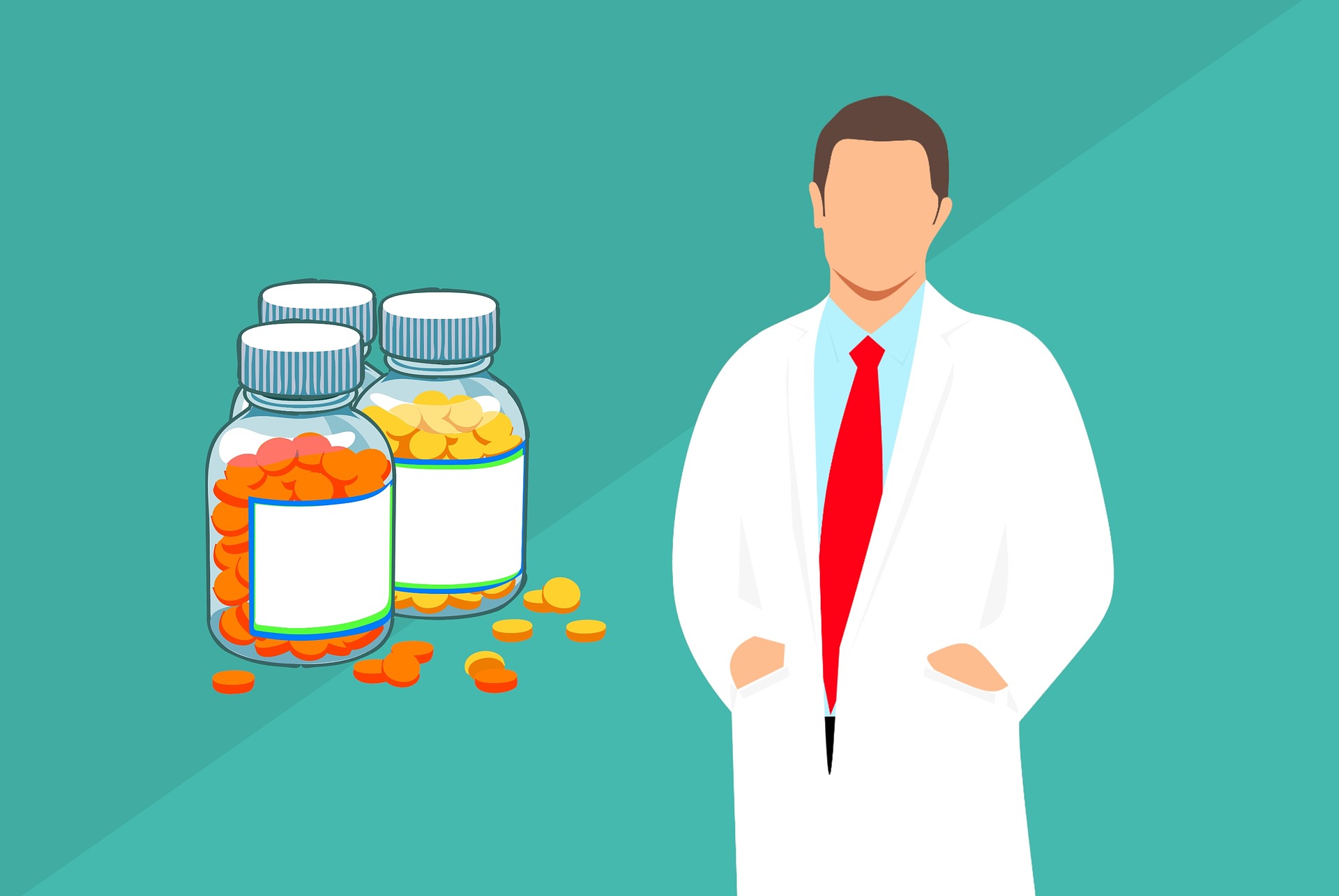Symbolgrafik: Apotheker steht neben Medikamenten, Link zur Seite "Studium der Pharmazie"