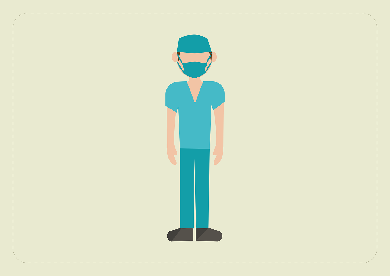 Symbolgrafik: Mensch in Arztkleidung mit Maske, Link zur Seite "Studium der Medizin"