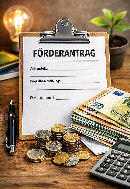 Symbolbild eines Förderantrages und Geld daneben, KI-generiert, Link zur Seite "Förderung"