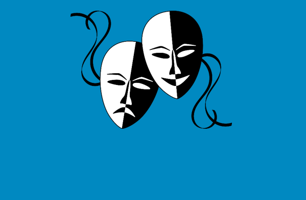 Symbolbild: Theatermasken vor blauem Hintergrund, Link zum Flyer "Schauspielpersonen und -trainer gesucht"